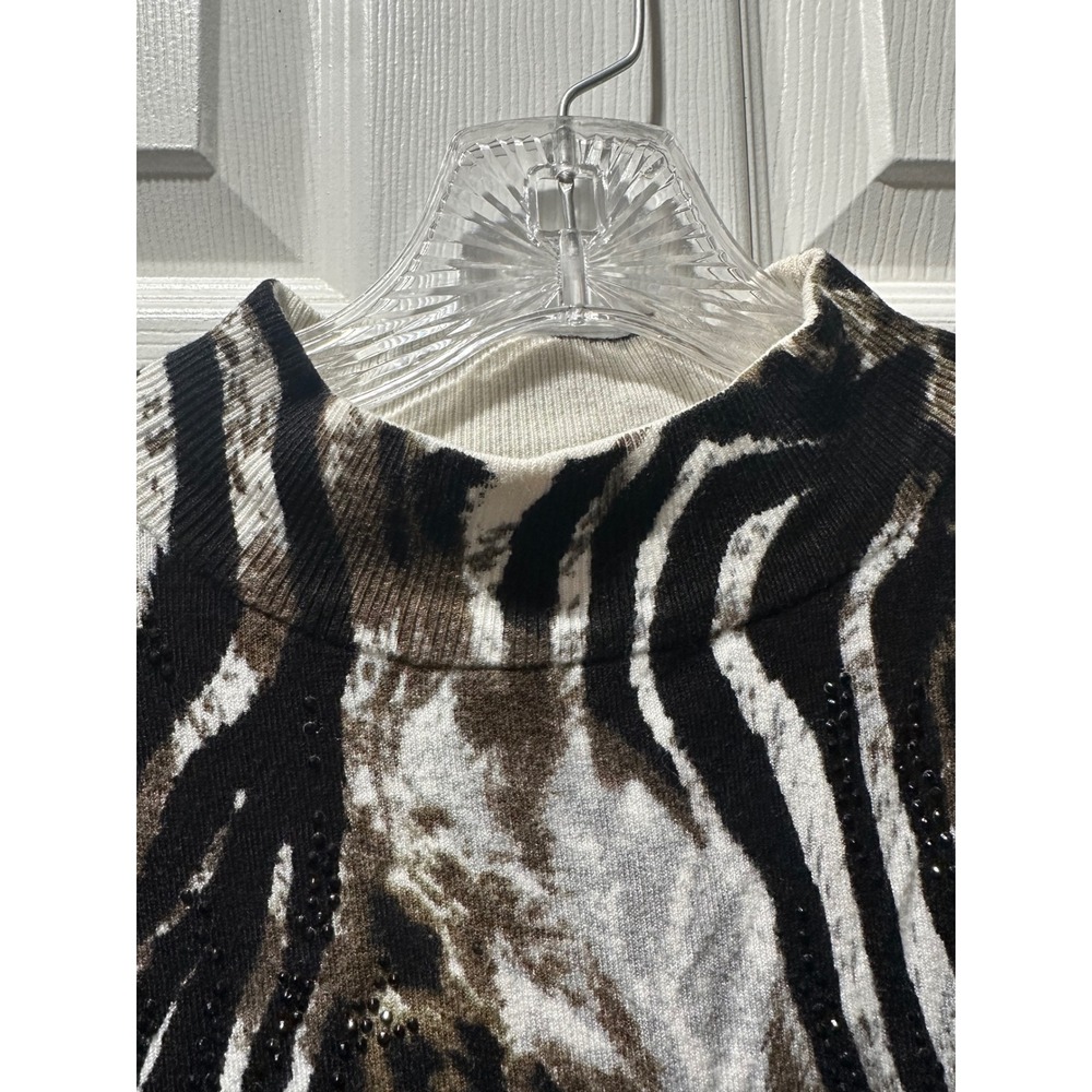 Sharon Young Animal Print Mock Neck Sweater Rhinestone Leopard Zebra M - Picture 2 of 11